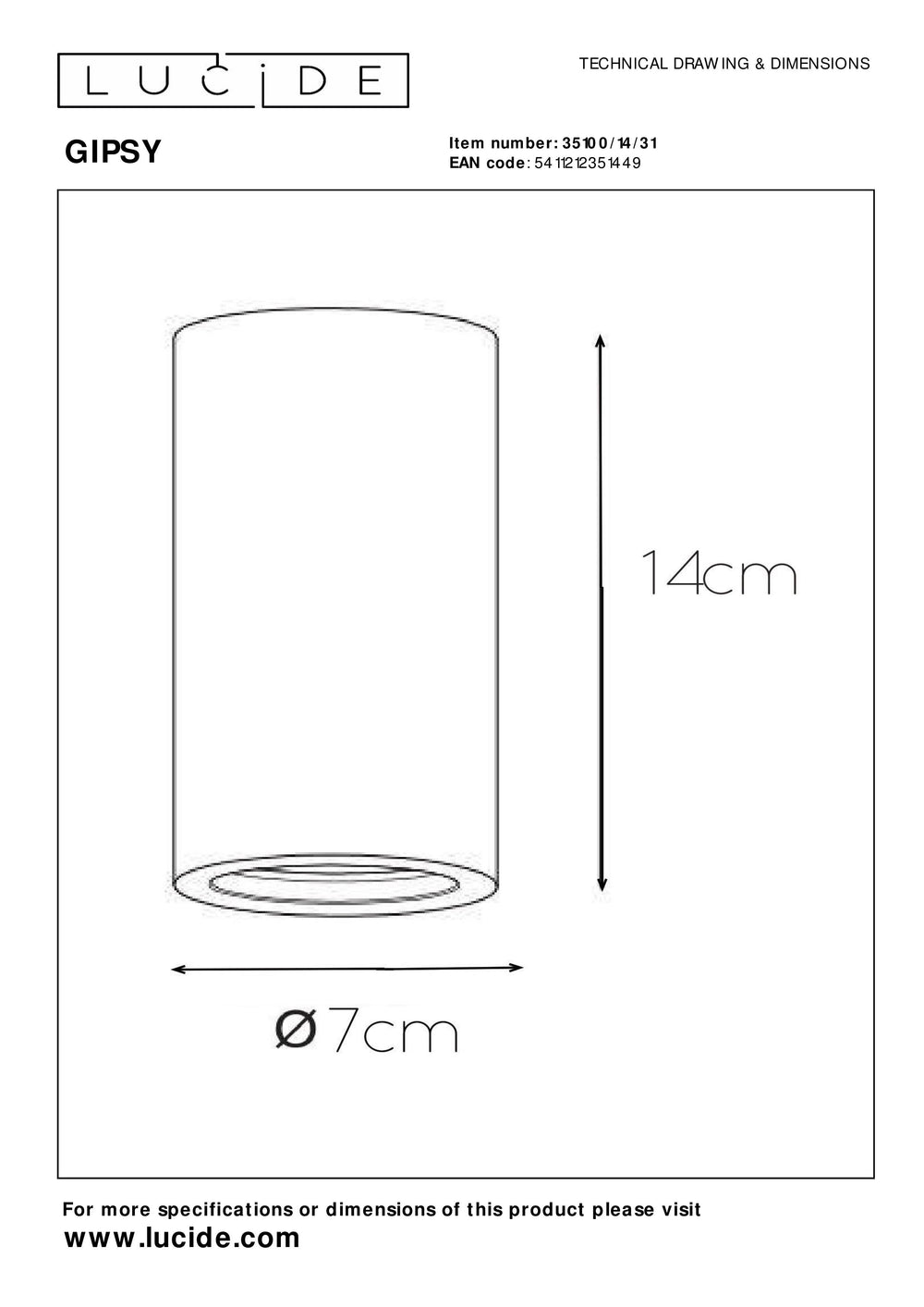 Foco de techo Lucide Gipsy, 1xGU10, 220-240V, IP20, Yeso blanco, diseño cilíndrico moderno Ø7cm