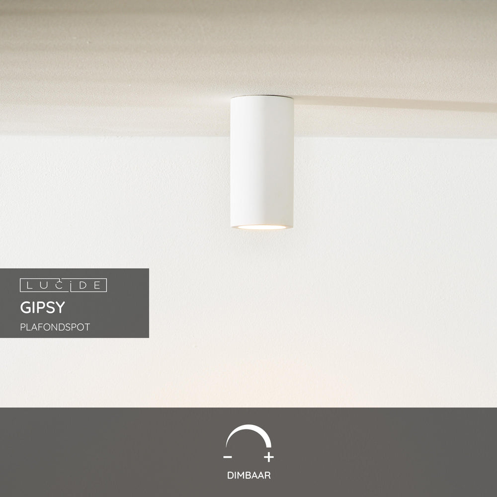 Foco de techo Lucide Gipsy, 1xGU10, 220-240V, IP20, Yeso blanco, diseño cilíndrico moderno Ø7cm