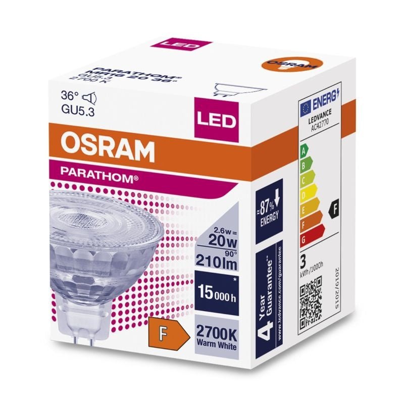 Foco LED Osram GU5.3 MR16 2.6W 230 lúmenes, 3000K, IP20, ángulo de haz de 36°