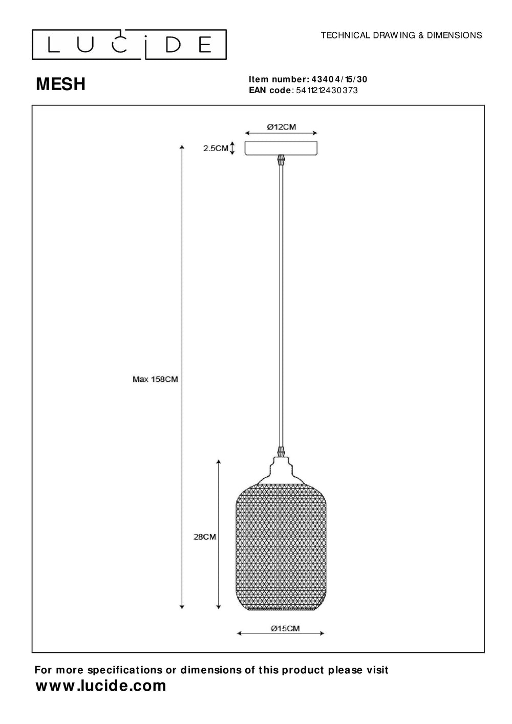 Lucide Mesh hanging lamp Black, round metal shade Ø150mm, E27 socket 60W max, height adjustable, IP20
