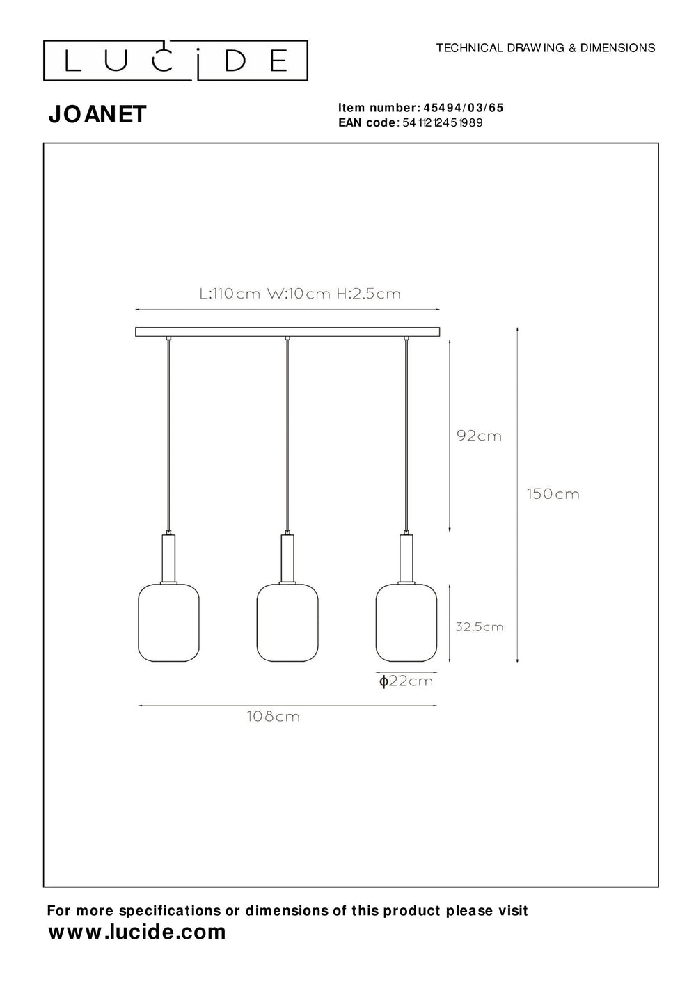 Lámpara colgante Lucide JOANET 3xE27 pantallas de vidrio ahumado, acabado en oro mate, regulable en altura, regulable en intensidad, IP20 interior