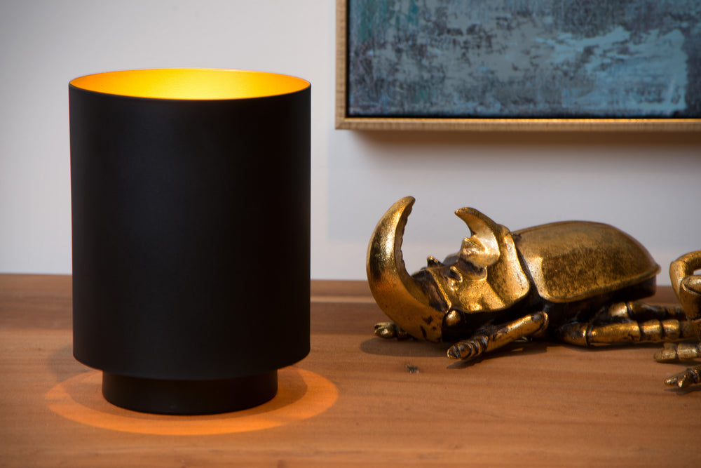 Lámpara de mesa vintage Lucide SUZY, cilindro de metal, acabado Sandy Black Gold, casquillo E14, 220-240V, IP20