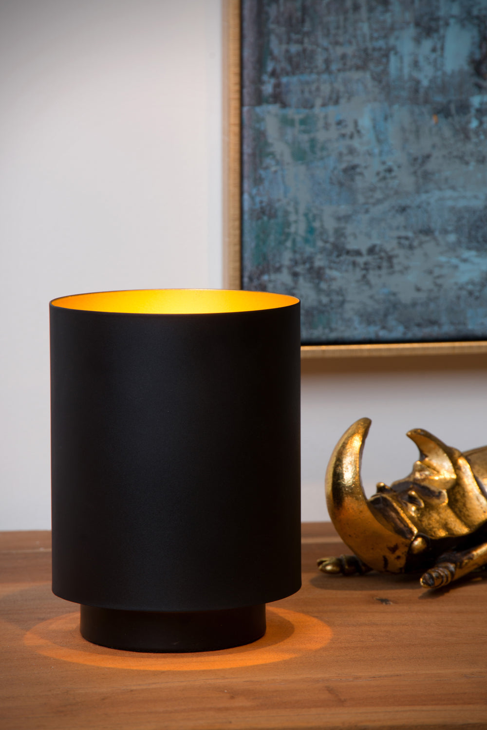 Lámpara de mesa vintage Lucide SUZY, cilindro de metal, acabado Sandy Black Gold, casquillo E14, 220-240V, IP20