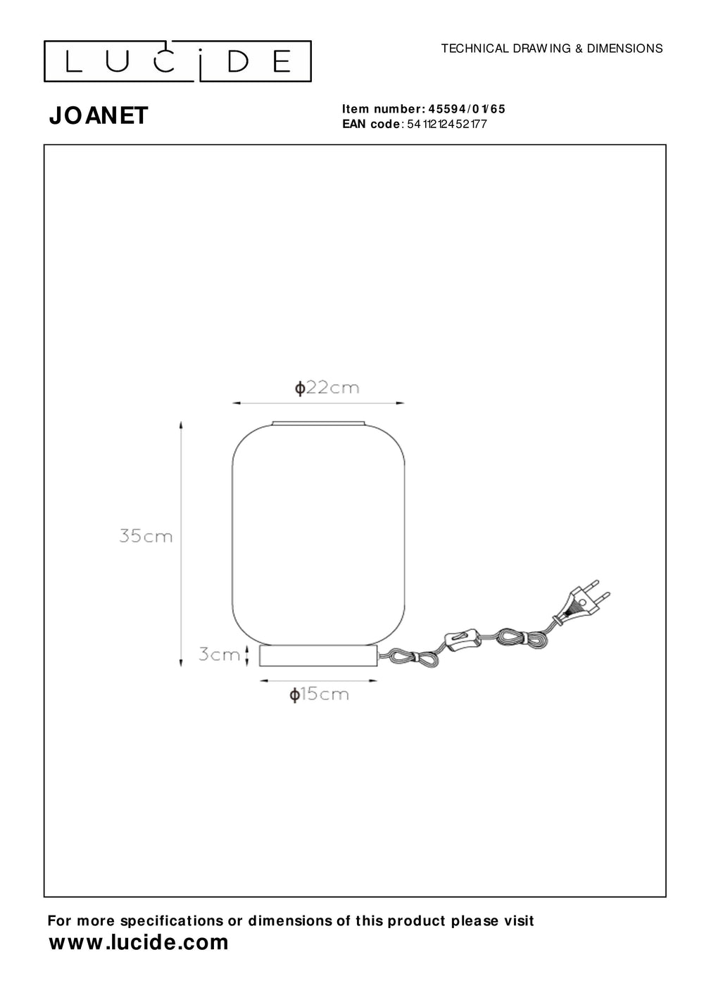 Lámpara de mesa Lucide JOANET 1xE27 vidrio Fumé diseño moderno con base de metal negro Ø22cm IP20