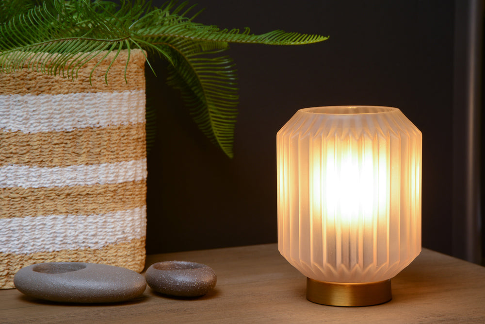 Lámpara de mesa Lucide SUENO Ø13cm casquillo E14 Vidrio blanco con base de acero dorado diseño moderno interior IP20