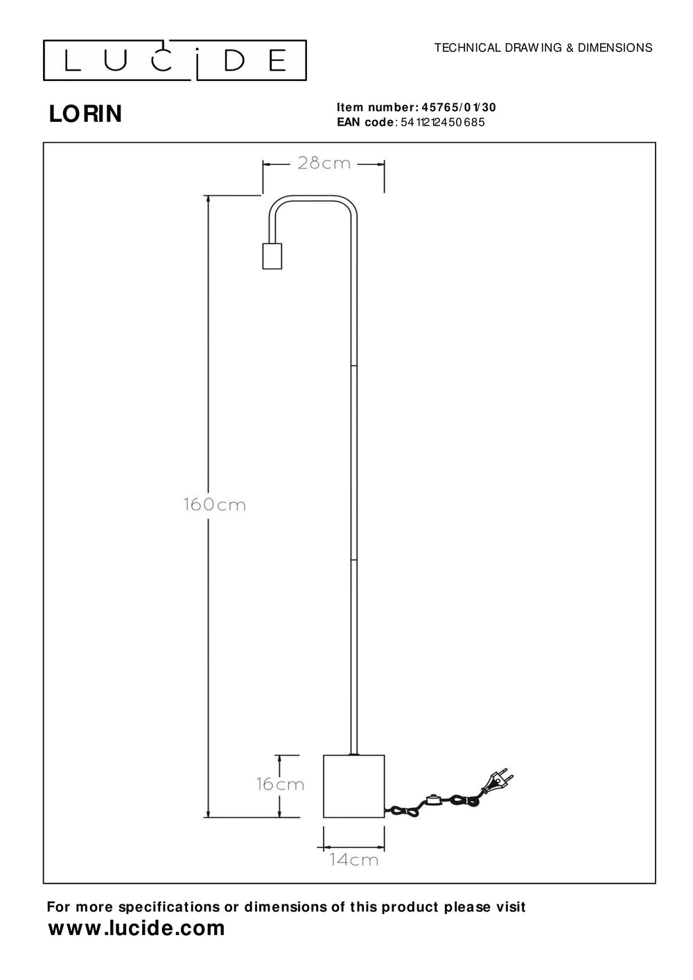 Lucide LORIN floor lamp, 1xE27 socket, 40W max, 220-240V, IP20, matt black metal and marble, 1600mm height