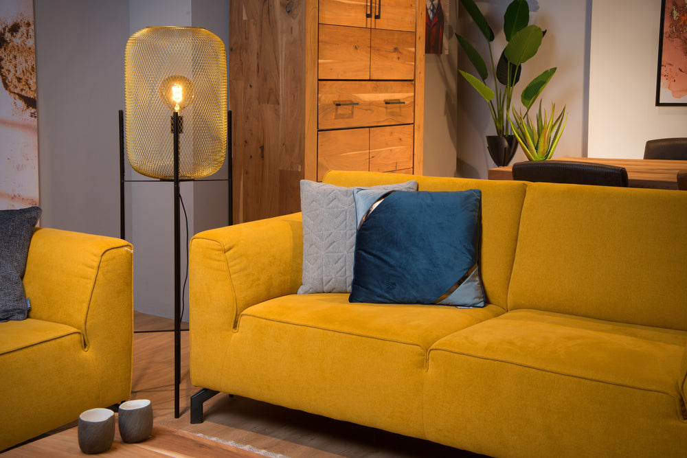 Lámpara de pie Lucide Mesh, cilindro metálico vintage, casquillo E27, 40W máx, IP20, acabado negro mate y dorado