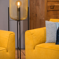 Lámpara de pie Lucide Mesh, cilindro metálico vintage, casquillo E27, 40W máx, IP20, acabado negro mate y dorado
