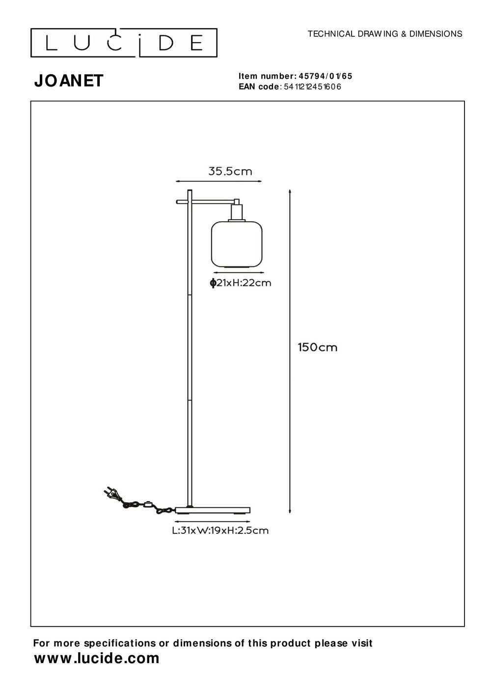 Lucide Joanet floor lamp Fumé glass modern design with E27 socket, Black steel base, IP20 indoor use