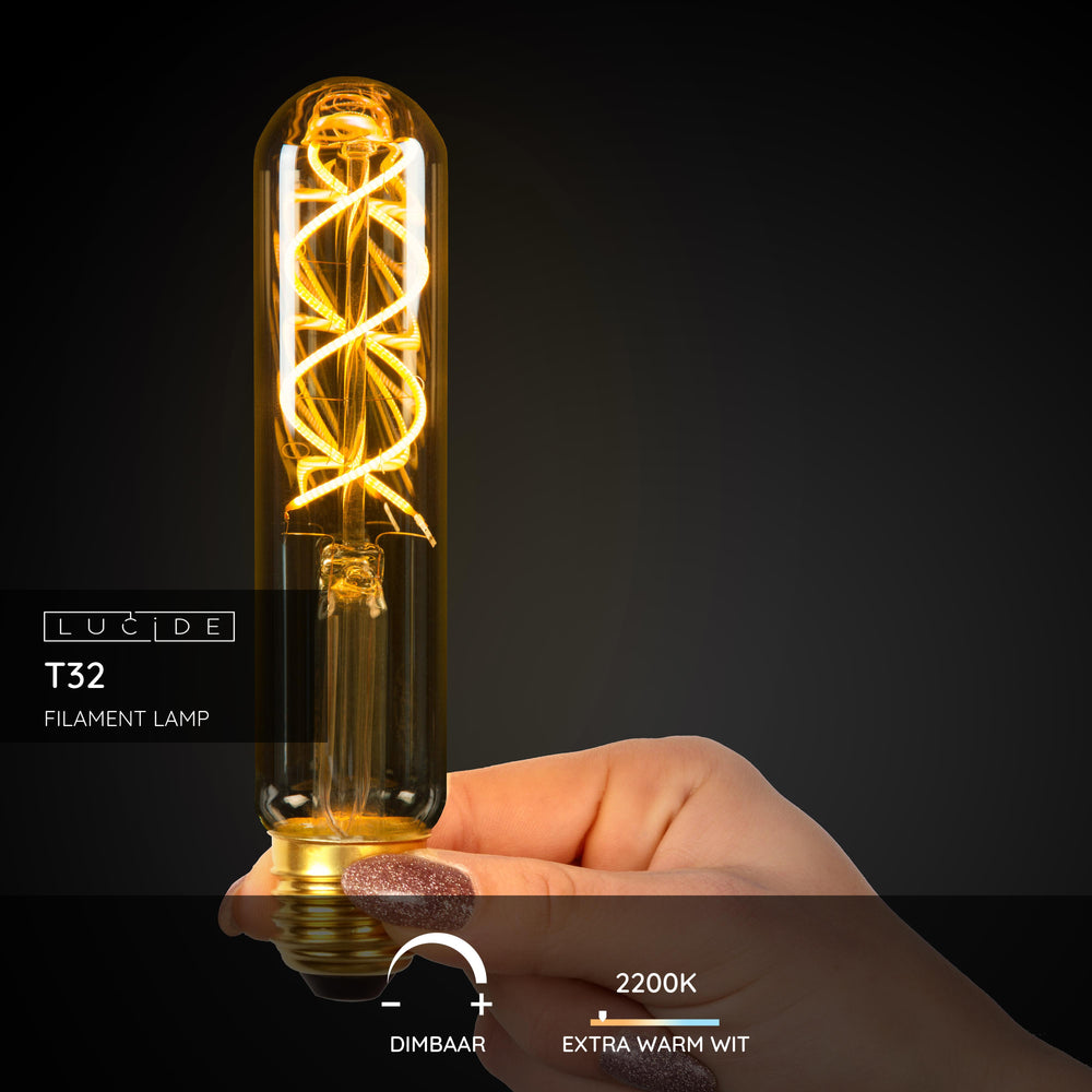 Lucide T32 LED filament lamp E27 4.9W 2200K dimmable Amber glass tube 380 lumens vintage style