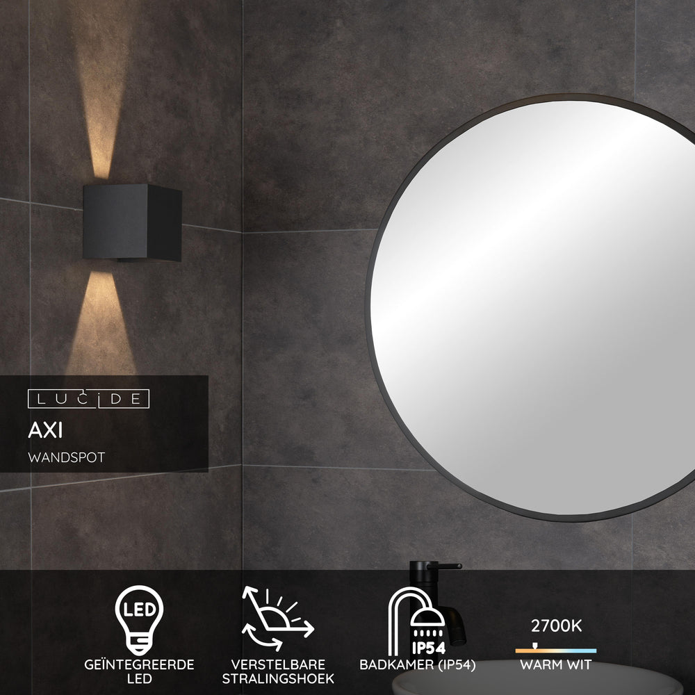 Lucide AXI aplique LED de pared, 2x7W 2700K, IP54, ángulo de haz ajustable, Aluminio negro, iluminación moderna para baño