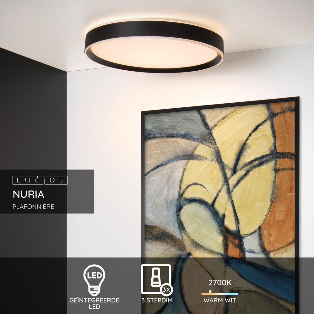 Lucide NURIA lámpara de techo LED 36W 2700K regulación en 3 pasos redonda Ø50cm Negro moderna IP20