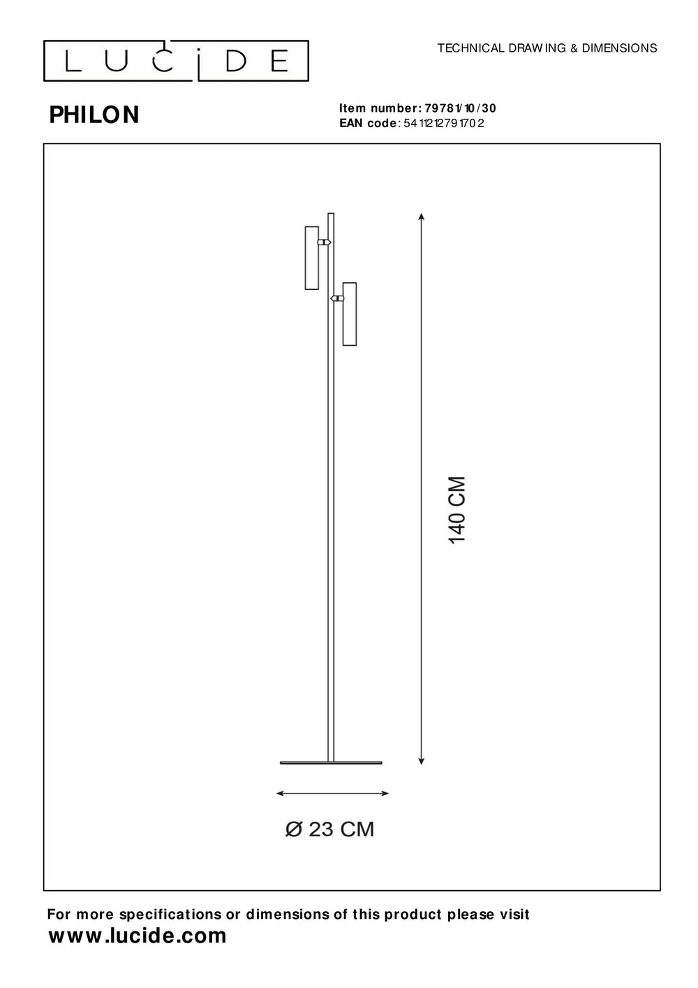 Lámpara de lectura LED Lucide PHILON, 2x4.5W 3000K regulable con control táctil, 220-240V, IP20, Negra, 140cm