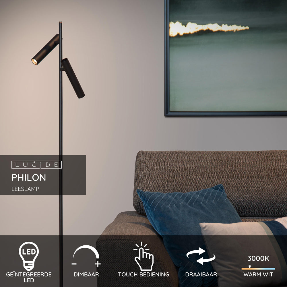 Lámpara de lectura LED Lucide PHILON, 2x4.5W 3000K regulable con control táctil, 220-240V, IP20, Negra, 140cm
