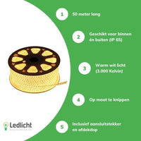 Tira de luz LED Tsong 50m 3000K blanco cálido, 1521 lúmenes, IP20, chip Philips, 220-240V, ángulo de haz 120°