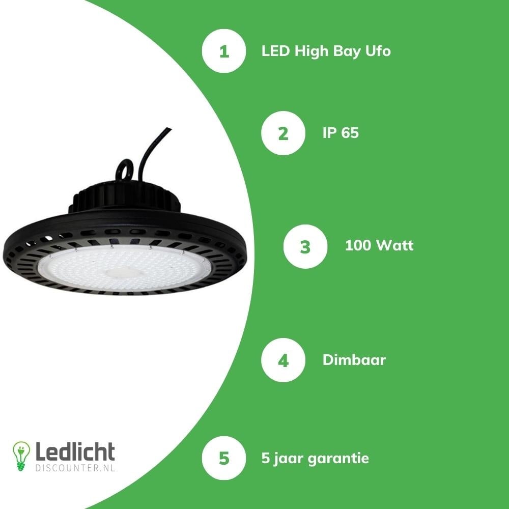 Tsong LED High Bay UFO 100W 15000 lúmenes regulable 1-10V 3000K CRI 80 Chip Philips IP20 CE RoHS Negro