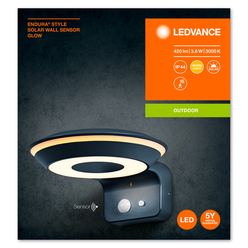 Ledvance Endura Style solar GLOW Sensor de Pared LED 3.6W 3000K IP44 Gris Oscuro Luz Exterior