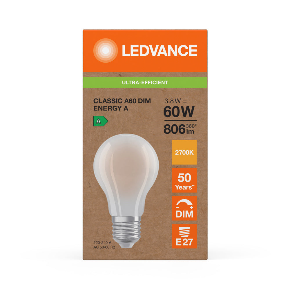 Ledvance LED Classic A60 Opal E27 Regulable 3.8W 2700K 806 lúmenes Blanco Cálido Clase Energética A