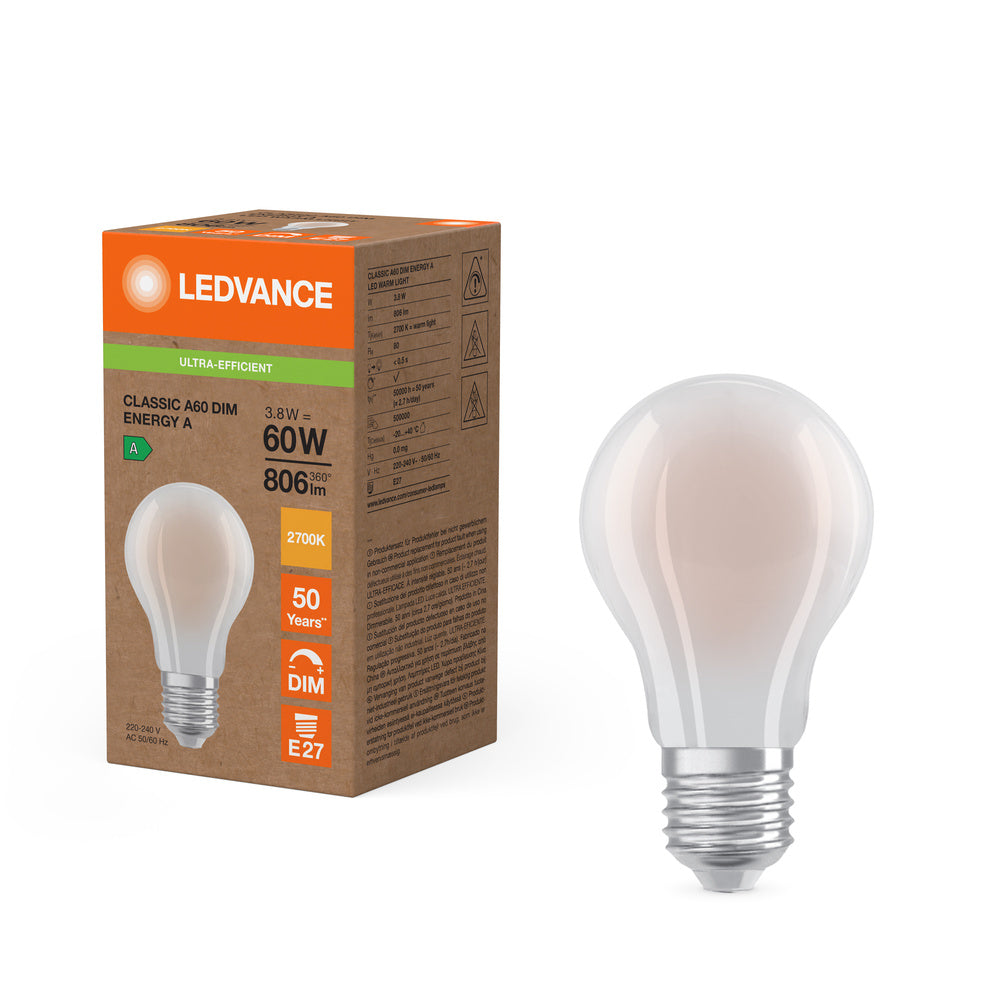 Ledvance LED Classic A60 Opal E27 Regulable 3.8W 2700K 806 lúmenes Blanco Cálido Clase Energética A