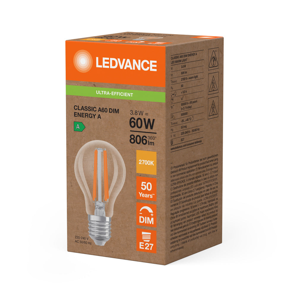 Ledvance LED Classic A E27 Warm White 2700K 3.8W dimmable clear bulb 806 lumens 220-240V IP20 50000h