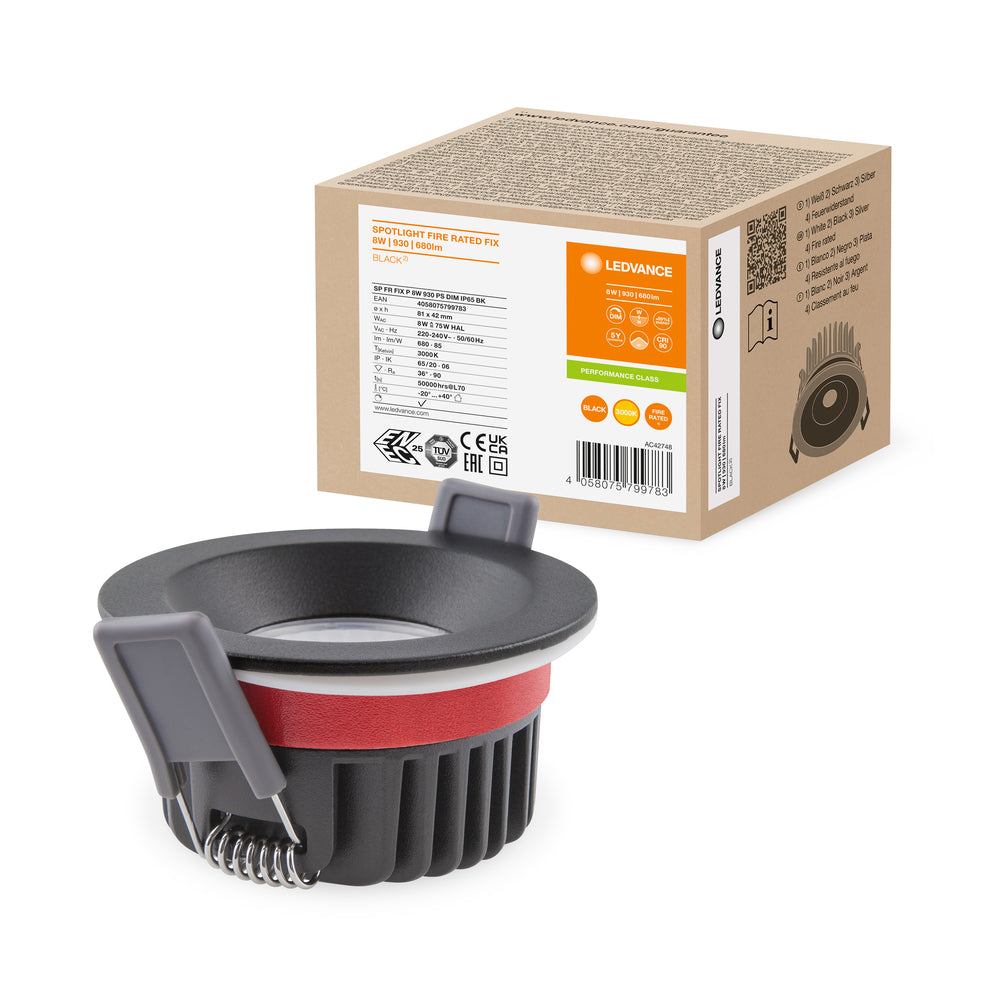 Foco LED empotrado resistente al fuego Ledvance 8W 3000K regulable IP65 Negro 90CRI haz de 36°