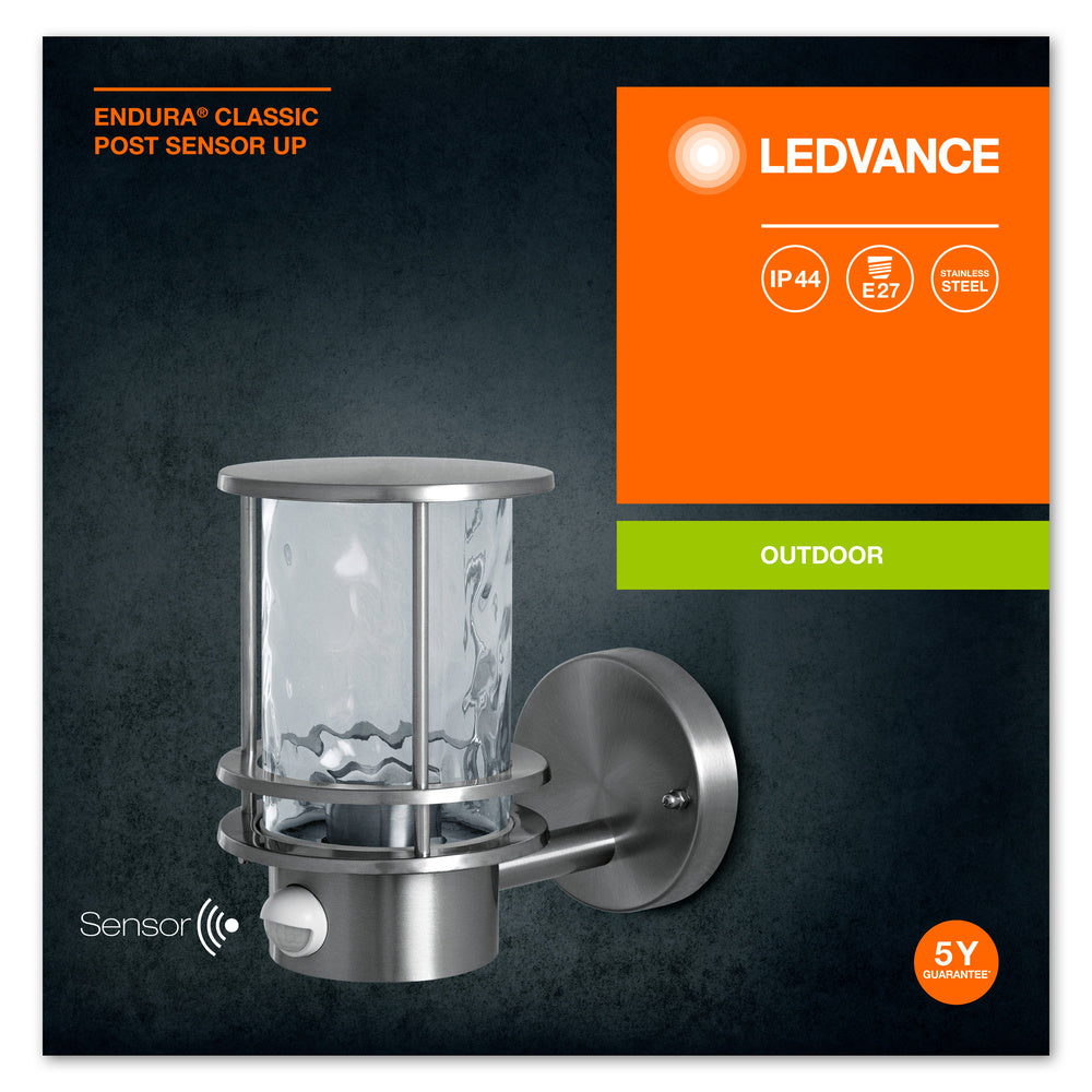 Ledvance ENDURA Classic Post Sensor Up E27 aplique de pared exterior de acero inoxidable IP44 con sensor de movimiento y luz
