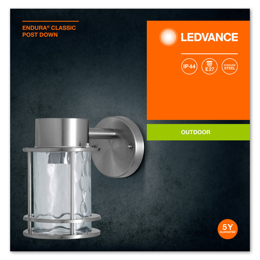 Ledvance ENDURA Classic Post Down E27 aplique de pared exterior Acero Inoxidable Vidrio IP44 220-240V 60W máx