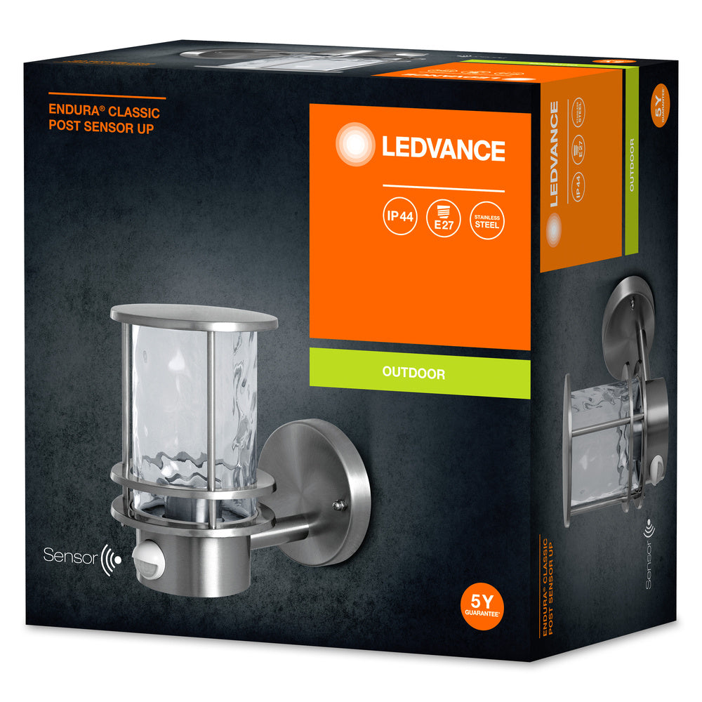 Ledvance ENDURA Classic Post Sensor Up E27 aplique de pared exterior de acero inoxidable IP44 con sensor de movimiento y luz