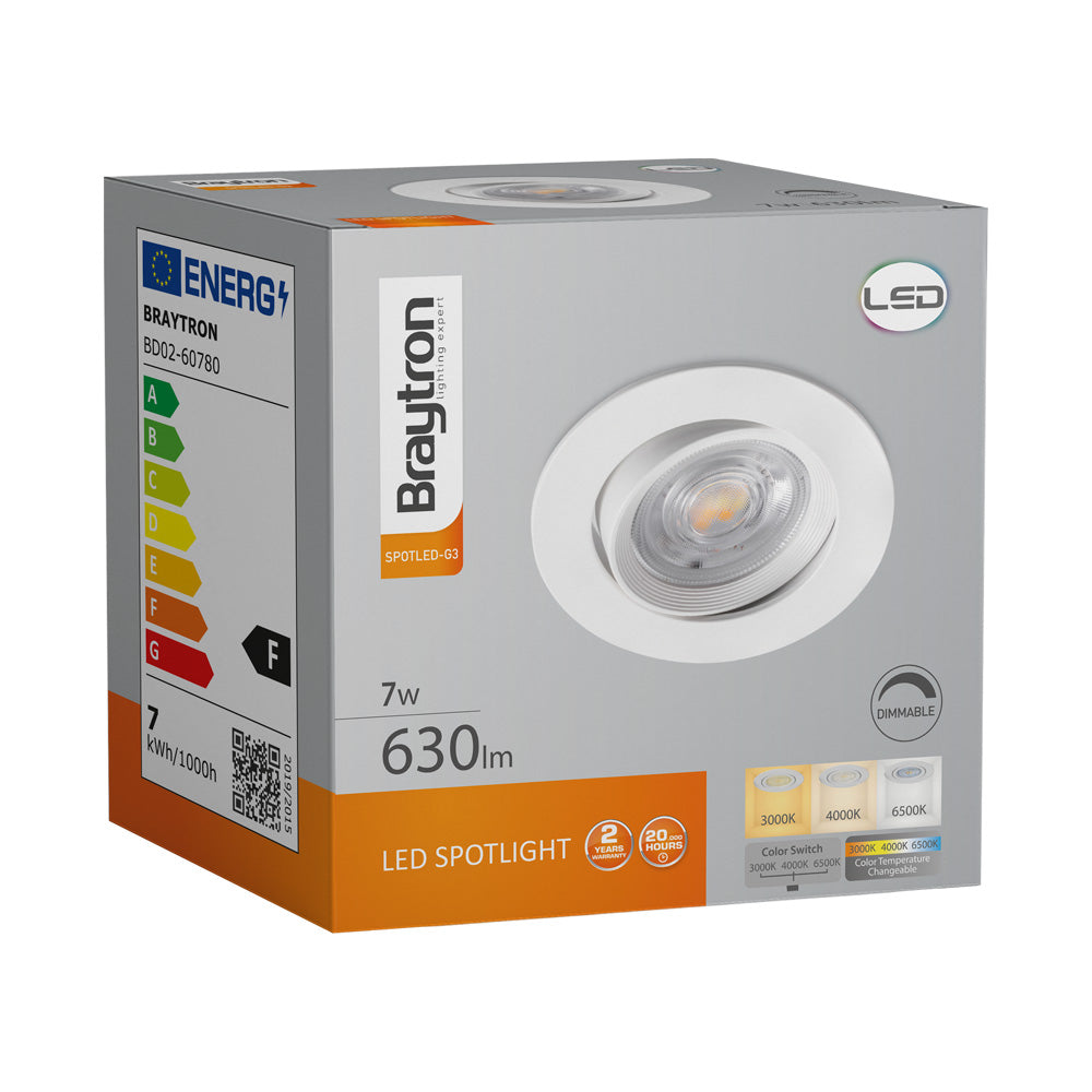 Braytron Foco LED 7W 220-240V CCT 3-en-1 Regulable Redondo Blanco IP20 630 lúmenes Haz 38°