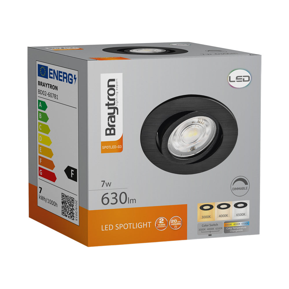 Braytron LED Spotlight 7W Black Round 3-in-1 CCT Dimmable 220-240V 630 lumens IP20 38° Indoor Lighting