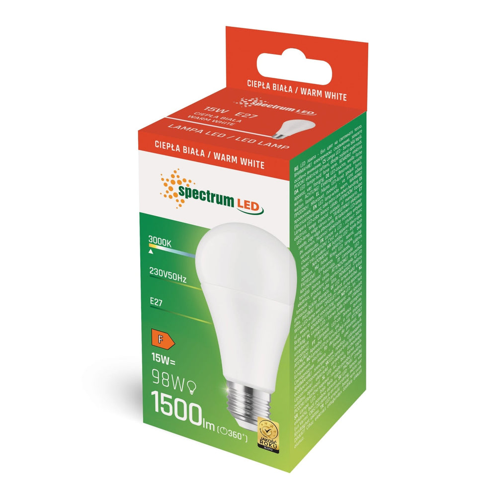 Lámpara LED Spectrum E27 15W 3000K blanco cálido con 1500 lúmenes y haz de luz de 270° para uso interior
