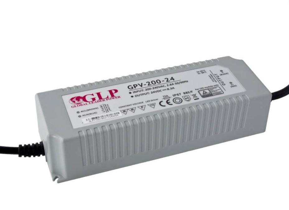 Fuente de alimentación LED GLP 24V 200W 8.3A IP67 adaptador impermeable con entrada 220-240V y garantía de 5 años