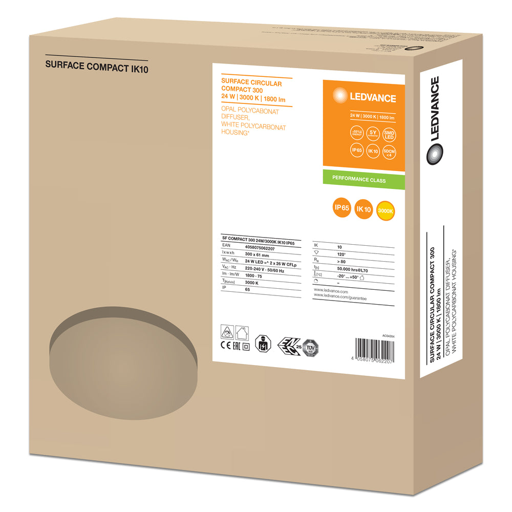 LED bulkhead ceiling or wall light, White, IP65 IK10, 24W 1800 lumens, 3000K warm white, Ø300mm