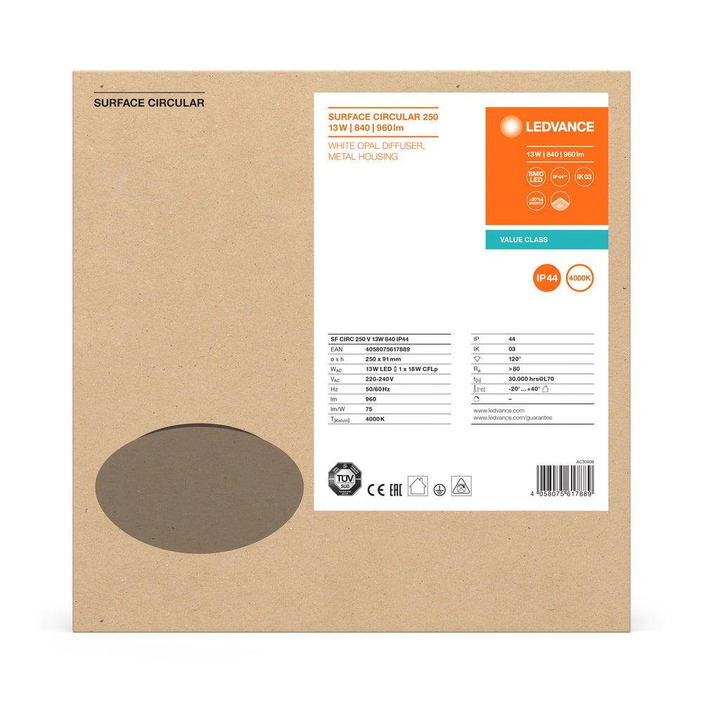 Plafón LED circular de superficie Ø250 Blanco, 13W 960 lúmenes, 4000K, IP44