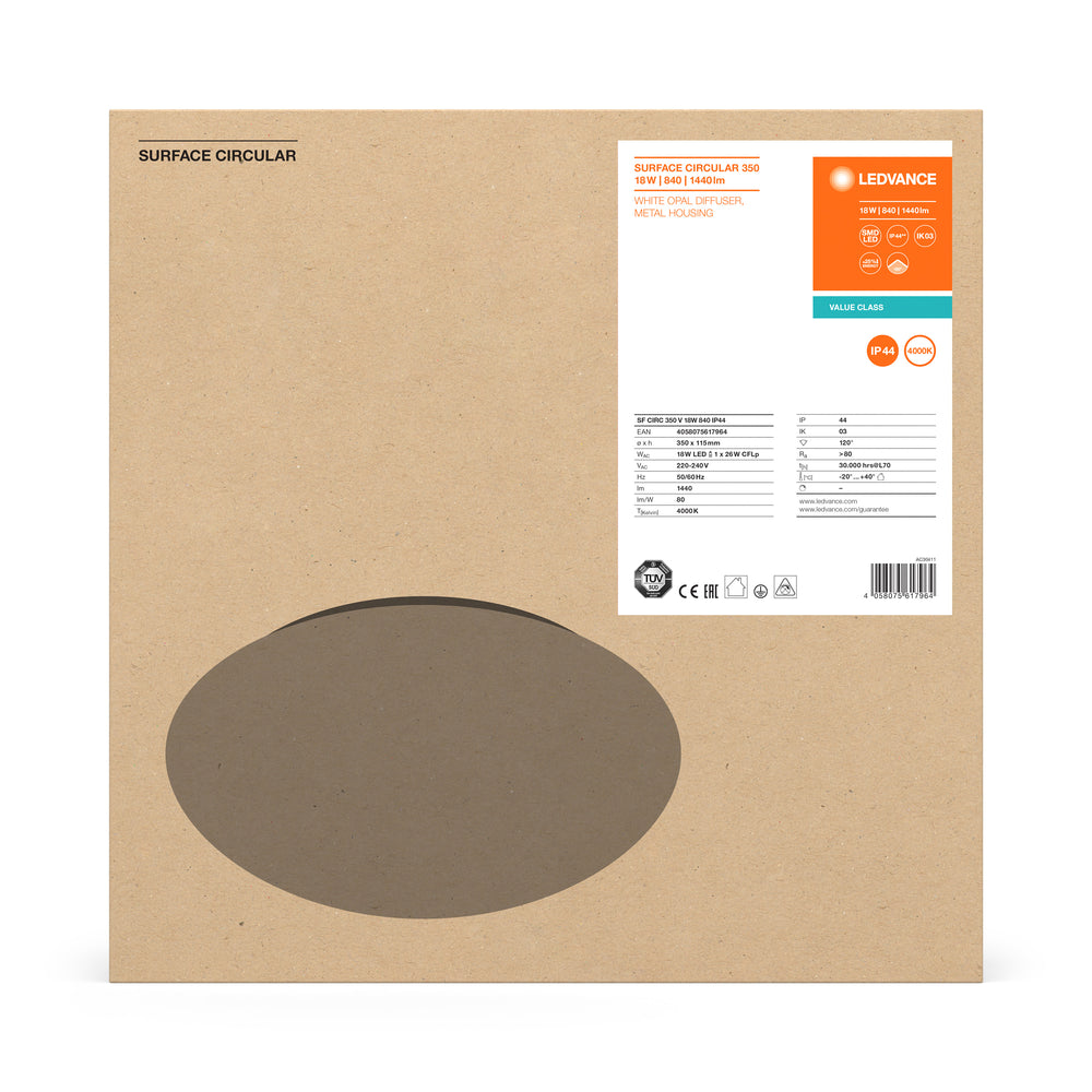 Plafón LED Circular Superficie Ø400 Blanco 24W 1920 lúmenes 3000K IP44 para iluminación interior y exterior