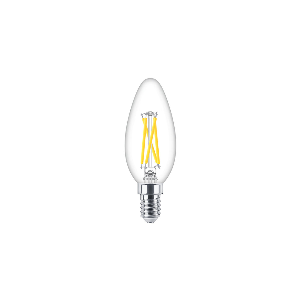 Bombilla LED vela Philips 2.5W E14 B35 vidrio transparente, regulable luz cálida 2200K-2700K 340 lúmenes CRI 90