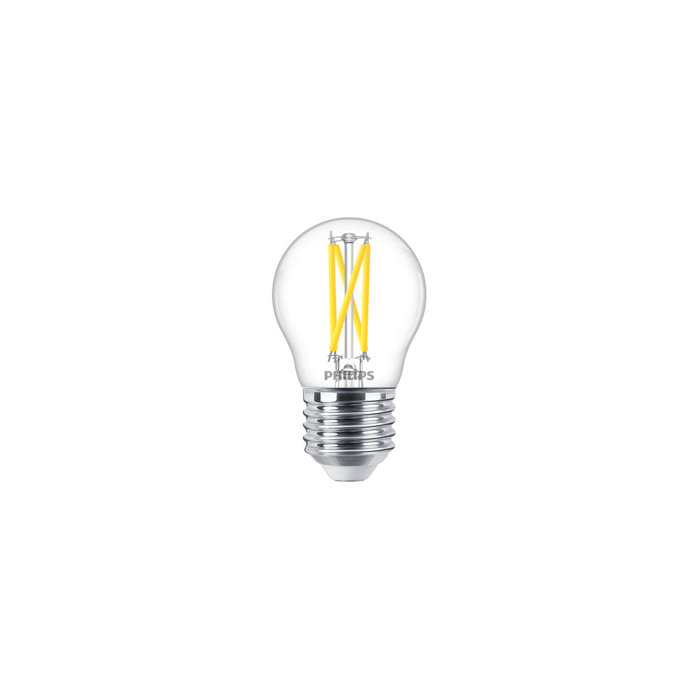 Philips MAS LEDLuster 2.5W E27 P45 Bombilla de vidrio transparente, 2200K-2700K Efecto Luz Cálida, 340 lúmenes, CRI 90, Regulable