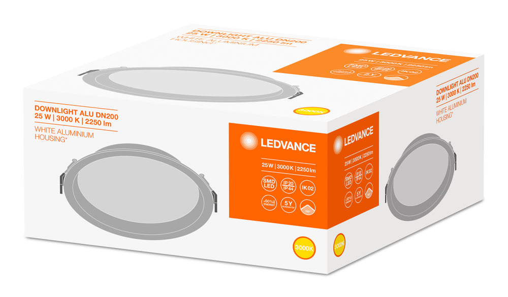 Downlight LED Alu DN200 25W 2250 lúmenes 3000K Blanco Cálido 215mm IP44