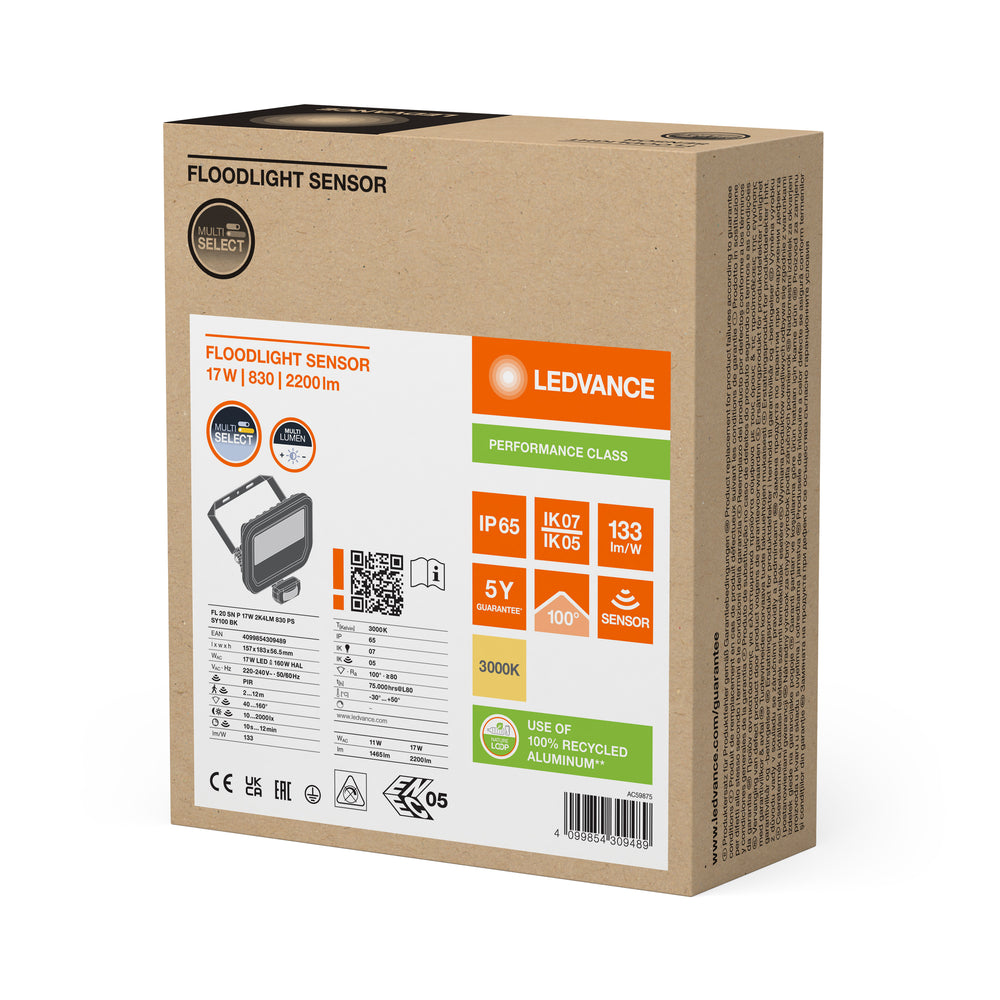 Proyector LED 17W 2200 lúmenes 3000K IP65 Negro con sensor de movimiento y luz