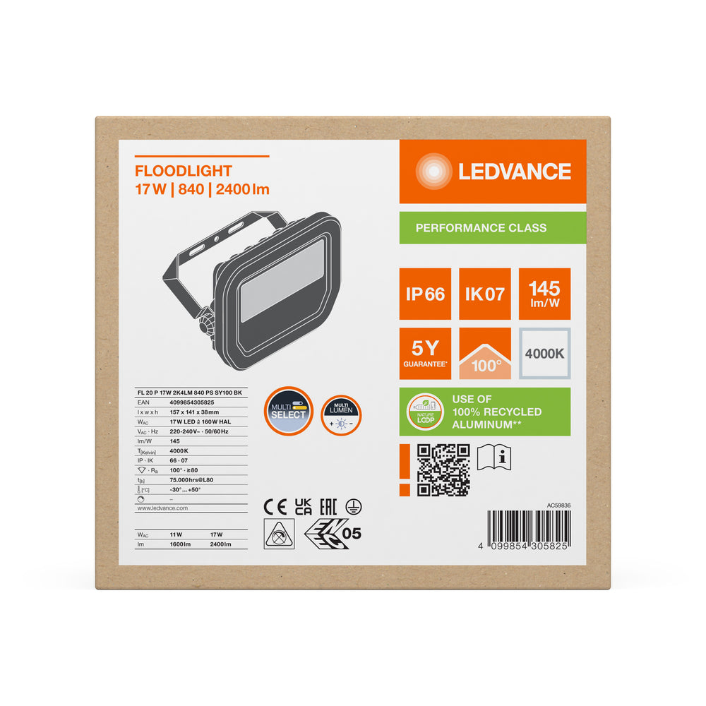 Proyector LED Aluminio Negro 10.5W 3000K 2400 lúmenes IP20 IK10 ángulo de haz 120° iluminación exterior duradera