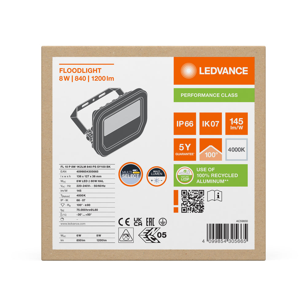 Proyector LED Aluminio Negro 8W 1200 lúmenes 4000K IP66 haz simétrico