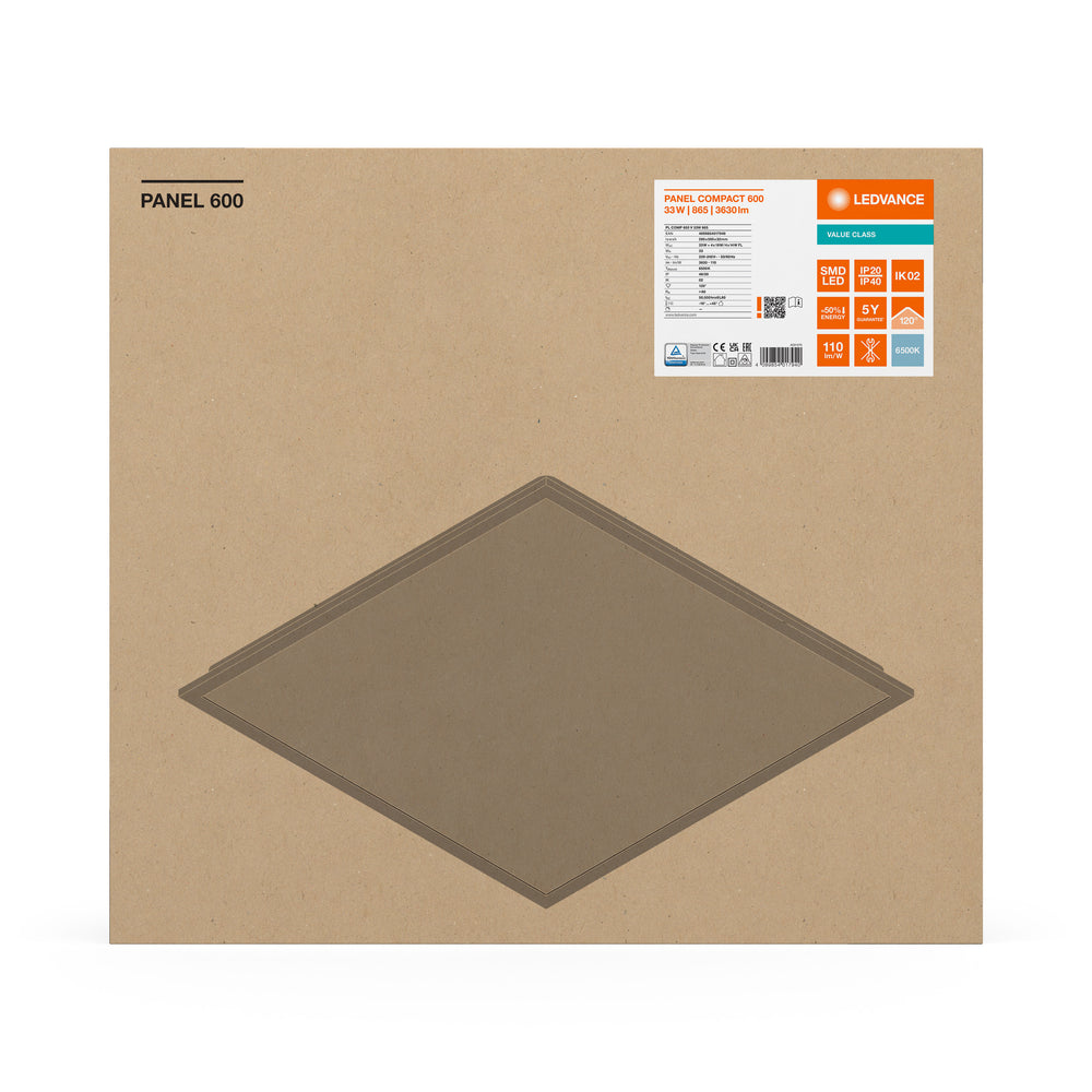 Panel LED Compacto 33W 3630 lúmenes 6500K Luz de día 60x60cm Aluminio Blanco IP20 CRI 80 CE RoHS