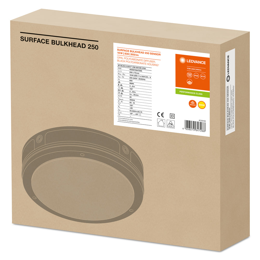 Aplique de Pared LED con Sensor, 10W 800 lúmenes, 3000K Blanco Cálido, IP65 IK10, Negro Ø250MM
