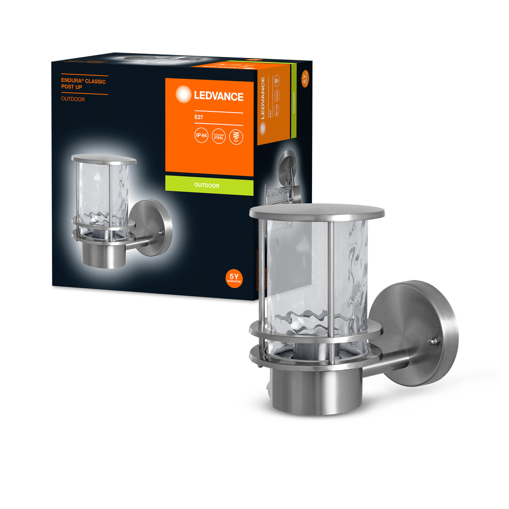 Ledvance ENDURA Classic Post Up E27 aplique de pared exterior, cuerpo de acero inoxidable, difusor de vidrio transparente, IP44