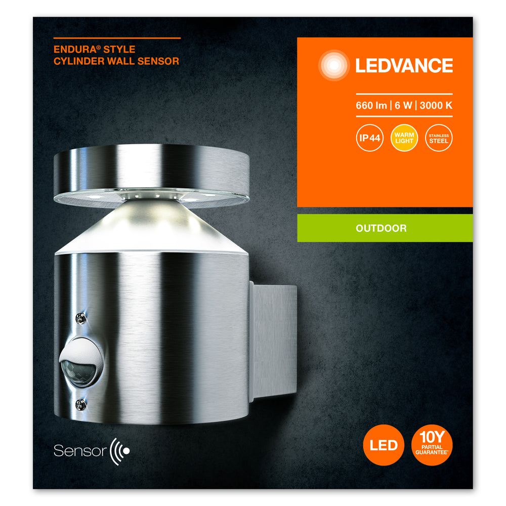 Ledvance ENDURA Style Cylinder Wall Sensor LED Outdoor Light 6W 3000K Stainless Steel IP44