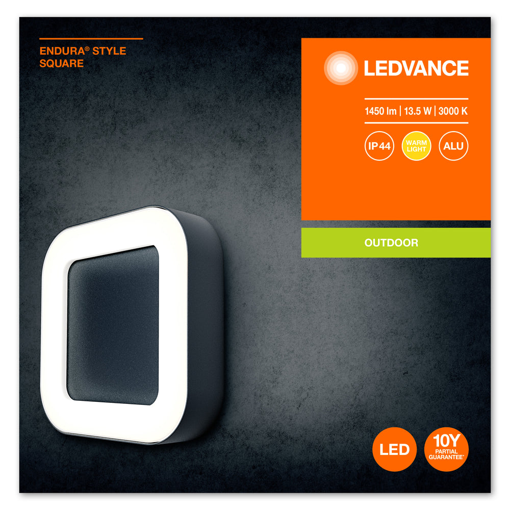 Ledvance ENDURA Style Square aplique LED de pared 13.5W 3000K Gris Oscuro IP44 IK07 montaje superficial exterior