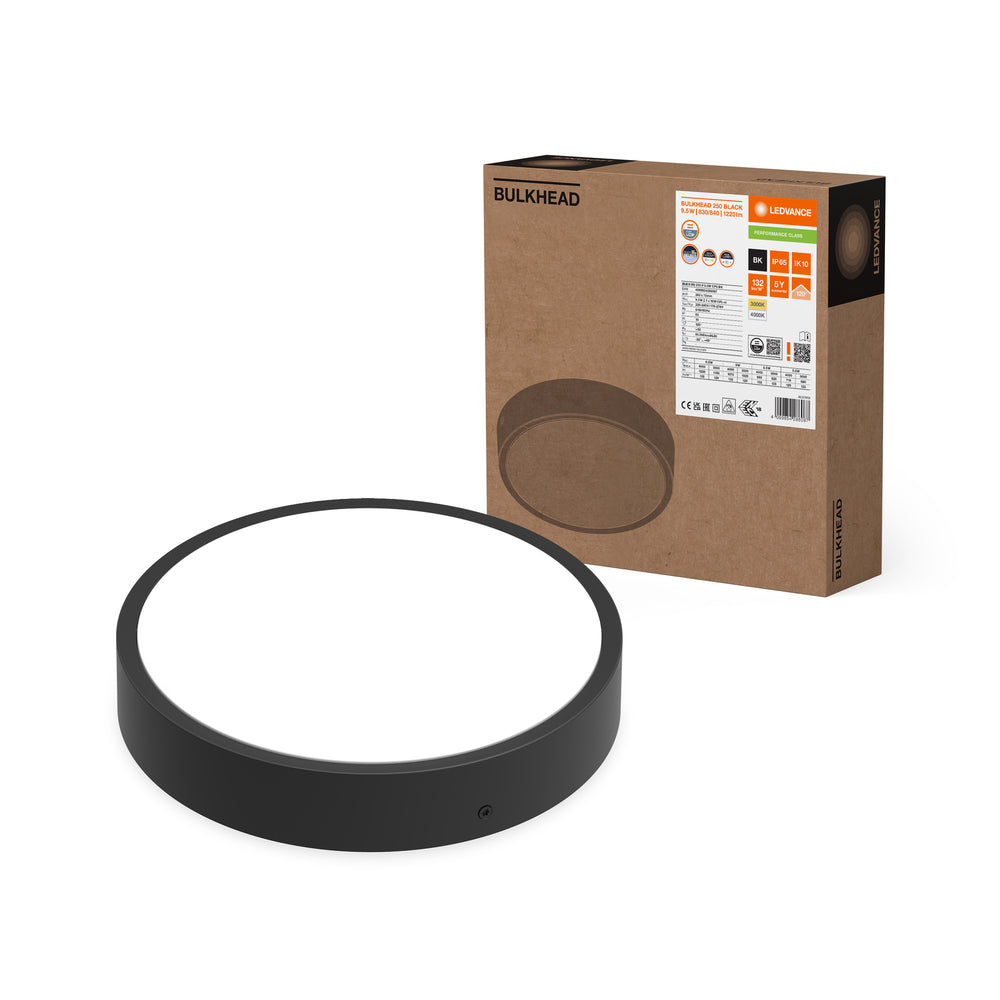 Ledvance LED plafón redondo 9.5W negro, 3000K 4000K seleccionable, 1220 lúmenes, IP65 IK10 luz de pared y techo