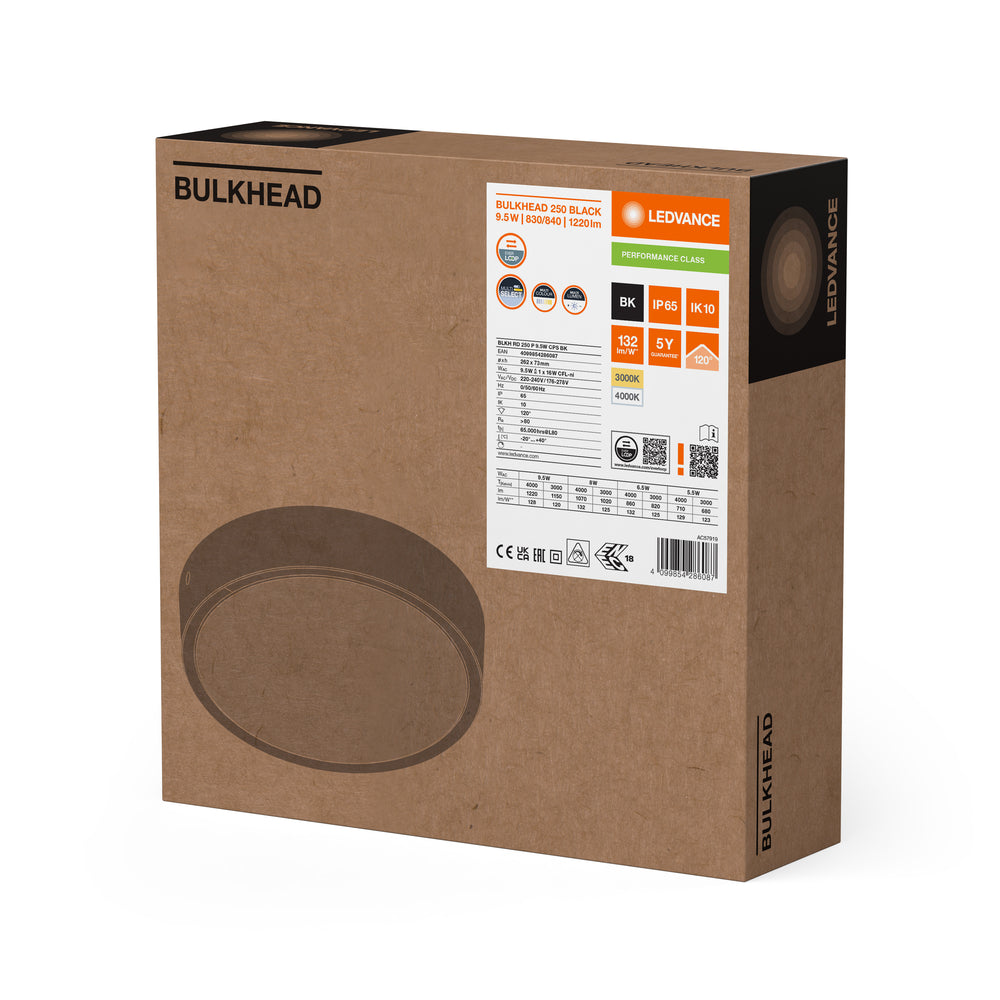 Ledvance LED plafón redondo 9.5W negro, 3000K 4000K seleccionable, 1220 lúmenes, IP65 IK10 luz de pared y techo