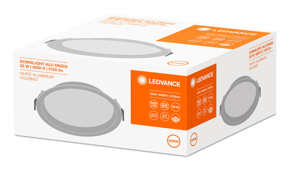 Ledvance LED downlight 200mm 20W/25W/30W 3000K/4000K 2400-3600 lumens CRI 90 IP44/IP20 White aluminum