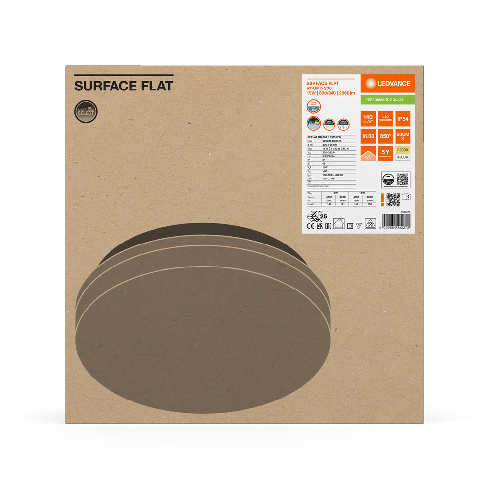 Ledvance luz LED de superficie plana redonda para techo y pared 19W 2660 lúmenes 3000K 4000K IP54 IK08 Blanco